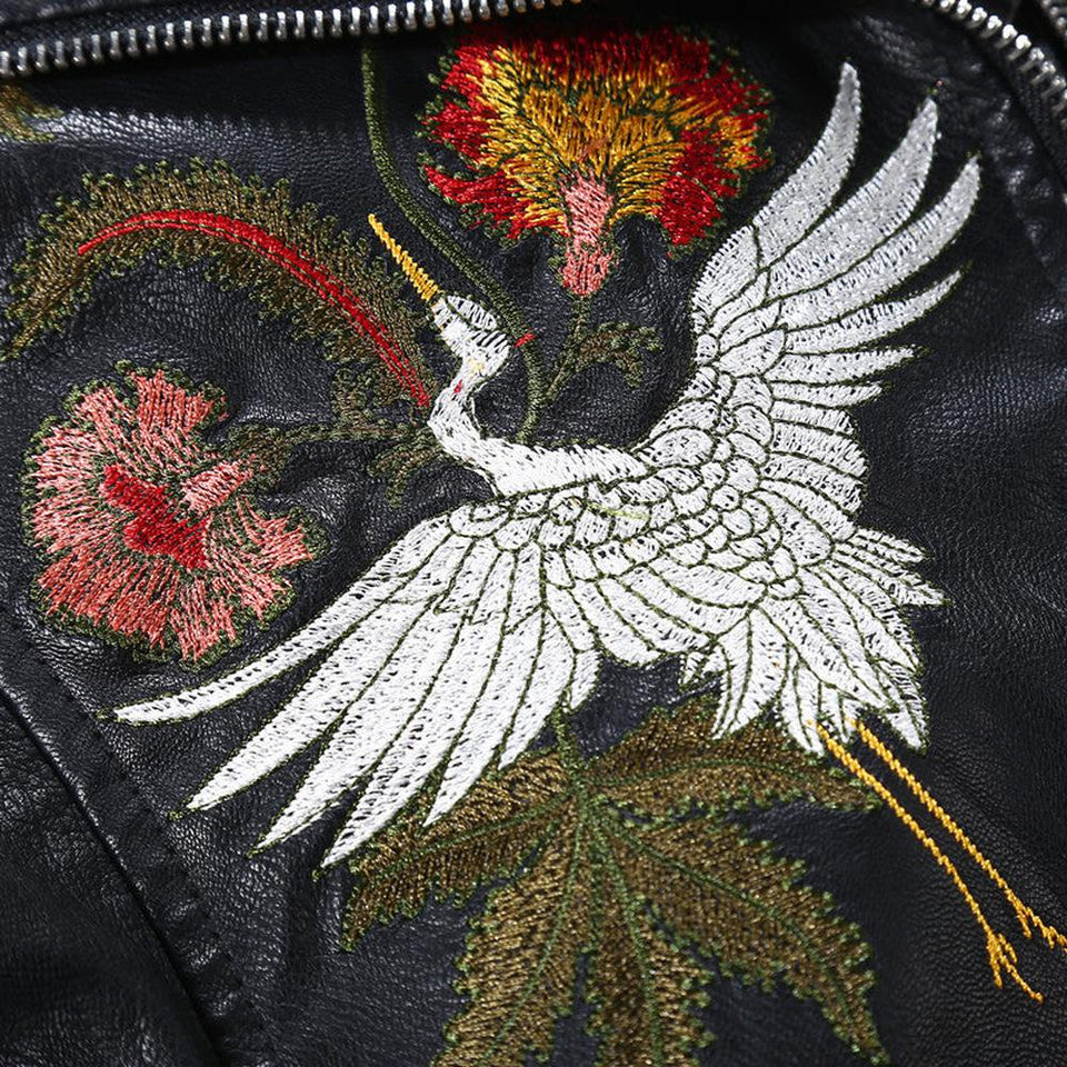 Women Flowers Embroidery Pu Leather Jacket Rivet Zipper Black Biker Coat dylinoshop