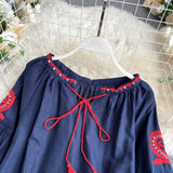 Women Retro Blouse Embroidered Lace-Up Tassel V-Neck Lantern Sleeve Tops dylinoshop