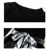 Women Elegant Retro Print Thick Pullover Stitching Belt Scarf Pleated Vestido Knitted Midi Dress dylinoshop