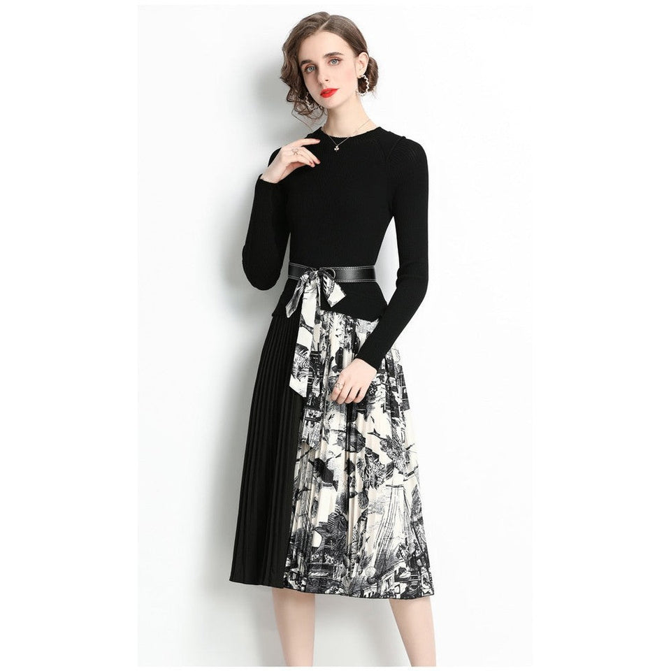 Women Elegant Retro Print Thick Pullover Stitching Belt Scarf Pleated Vestido Knitted Midi Dress dylinoshop