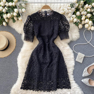 Women High Waist Elegant Short Sleeve Mini Vintage O-neck Dress dylinoshop