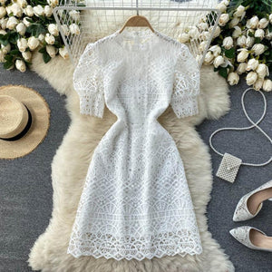 Women High Waist Elegant Short Sleeve Mini Vintage O-neck Dress dylinoshop