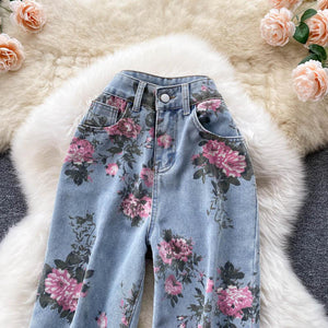 Women Rose Flower Print Blue Jeans Long Denim Trousers dylinoshop