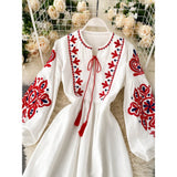 Women Bohemian Embroidered Flower O-Neck Lantern Sleeve Pleated Dress dylinoshop
