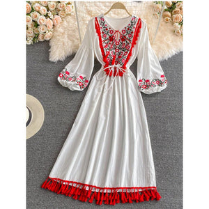 Women Retro Embroidery V-neck Puff Sleeve Large Dress dylinoshop