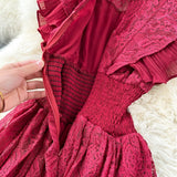Women Vestidos French Elegant Pleated Ruffled Waist Temperament Lace Midi Dress dylinoshop