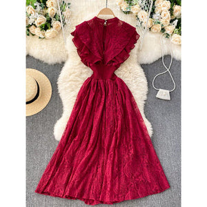Women Vestidos French Elegant Pleated Ruffled Waist Temperament Lace Midi Dress dylinoshop