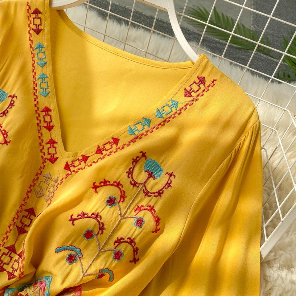 Women Embroidery Drawstring Trumpet Sleeves Ethnic Style Waist Long Dress dylinoshop