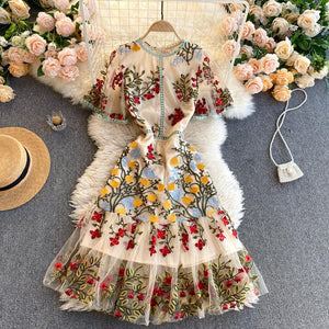 Women Runway Flare Sleeve Floral Embroidery Elegant Mesh Hollow Out Midi Dress dylinoshop