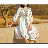 Women Vintage Embroidery Floral Casual Loose Lace Up Boho Mini Dress dylinoshop