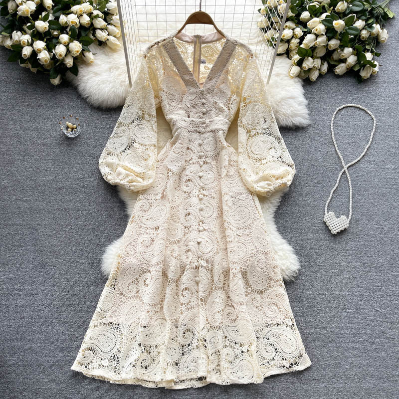 Women Vintage Lace Puff Sleeve Hollow Out Maxi Vestidos Dress dylinoshop