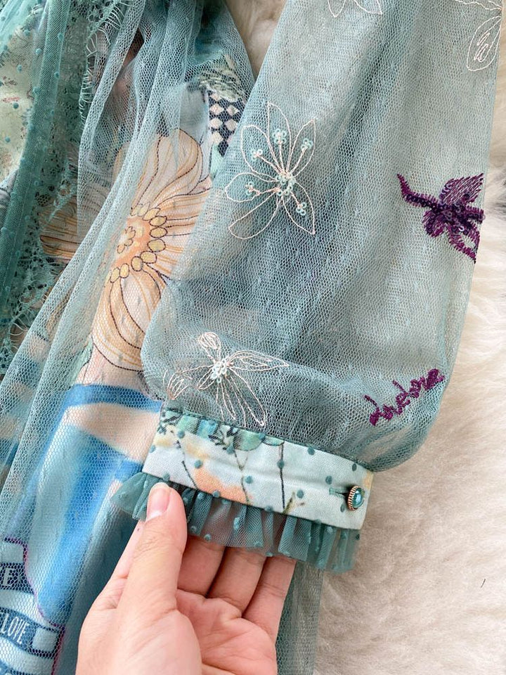 Women Mesh Ruffles Lace Flowers Embroidery A Line Vintage Midi Dress dylinoshop