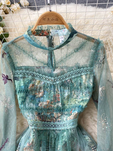 Women Mesh Ruffles Lace Flowers Embroidery A Line Vintage Midi Dress dylinoshop