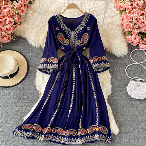 Women Vintage Embroidery Flower Mid-length A-line Dress dylinoshop