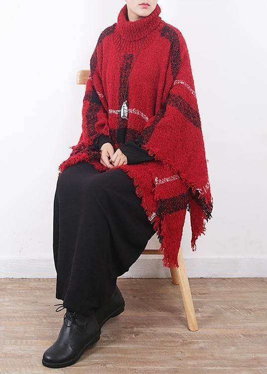 red plaid tassel cloak women casual high neck knit sweater AM-SCF191107