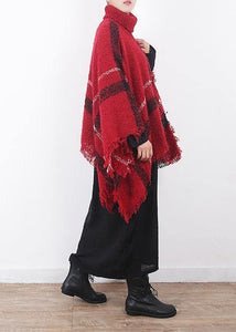 red plaid tassel cloak women casual high neck knit sweater AM-SCF191107