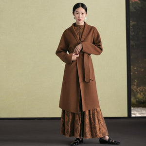 women brown woolen overcoat oversized stand collar winter coat tie waist jackets TCT181116
