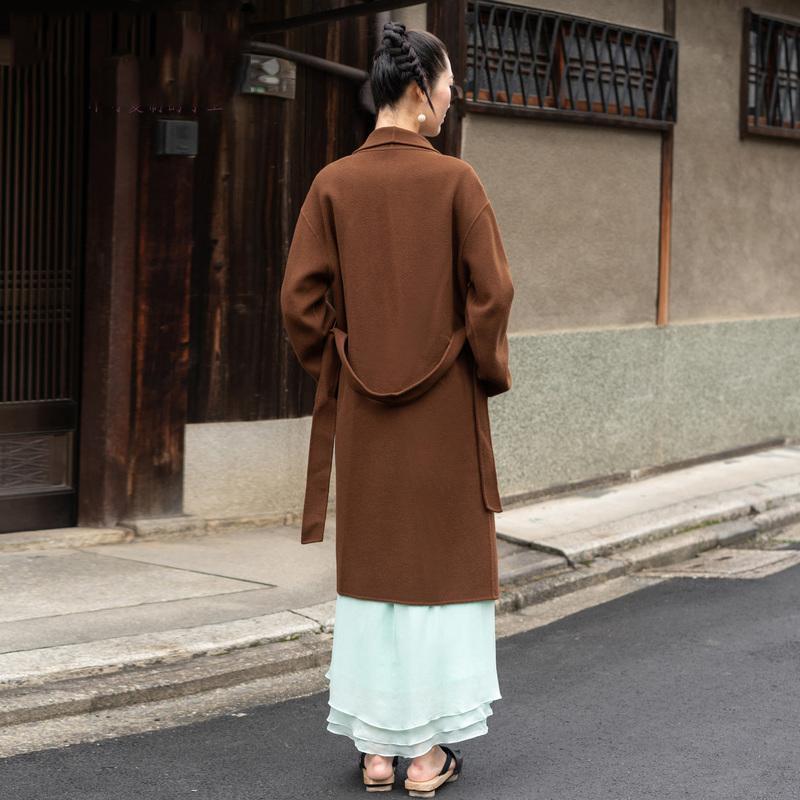 women brown woolen overcoat oversized stand collar winter coat tie waist jackets TCT181116